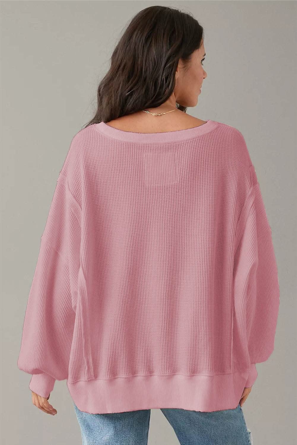 Pink Waffle Knit Bishop Sleeve Split Oversized Sweatshirt - Love Salve